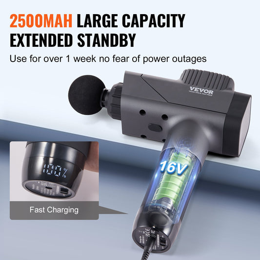 VEVOR Massage Gun Deep Tissue, Percussion Muscle Massager For Athletes - With 8 Speed Levels & 6 Massage Heads, 16V 2500mAh Batteries, Handheld  Massage Gun For Pain Relief, Muscle Relaxation